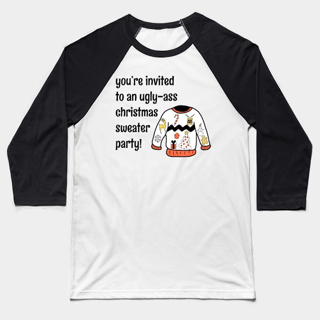 Funny Ugly Christmas Sweater Party Invitation Baseball T-Shirt by faiiryliite